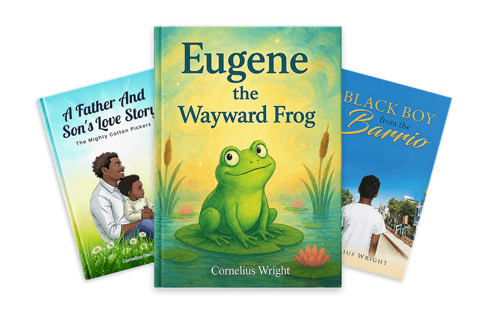 Books by Cornelius Wright — Eugene the Wayward Frog, A Father And Son's Love Story, Black Boy from the Barrio